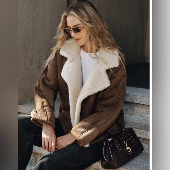 Commense Fleece Lined Lapel Coat Jacket Suede Sherpa Brown White Collar Size M - Picture 2 of 7